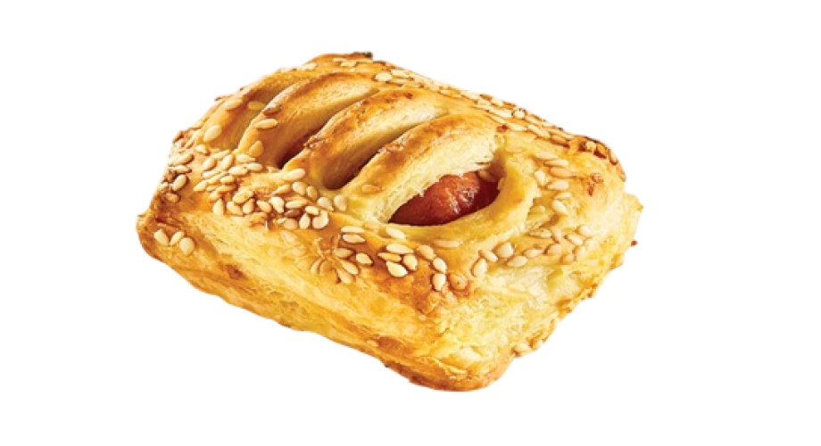 Mini sesame pies with sausage & mustard
