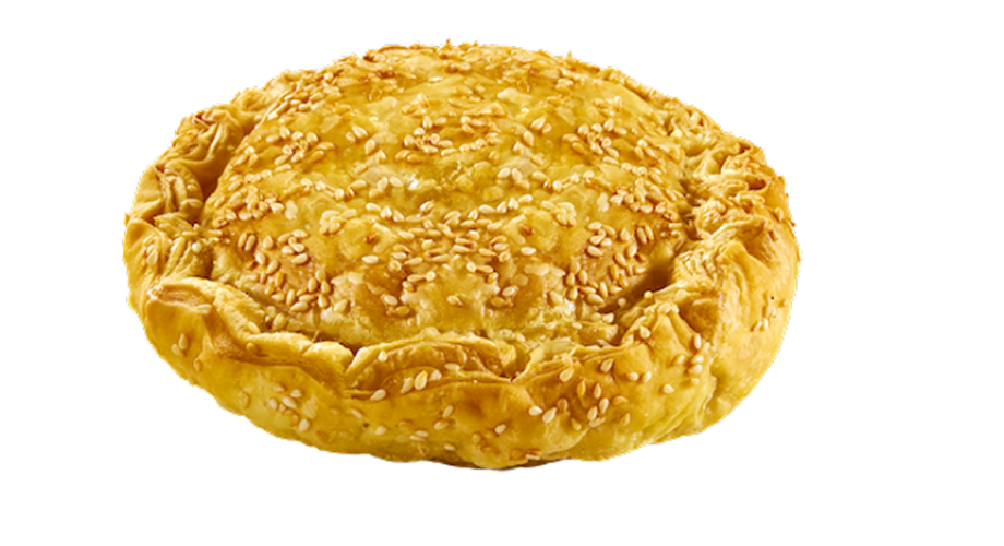 Round handcrafted butter pie with ham & tomato sauce